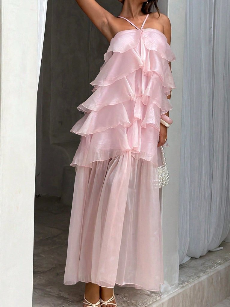 Pink Elegant Bohemian Women's Party Halter Dress With Layered Ruffle